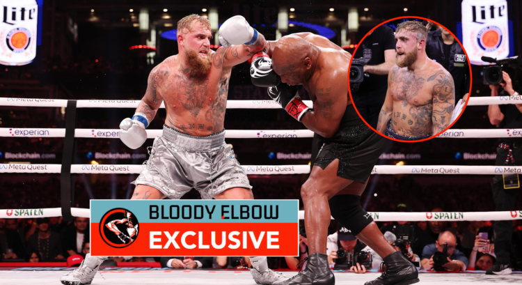 Main photo shows Jake Paul punching Mike Tyson. Bubble photo shows Jake Paul after fighting Tommy Fury