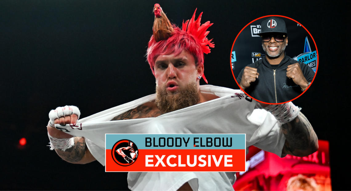 Main photo shows Jake Paul tearing off his shirt while wearing a chicken hat. Bubble photo shows Larry Wade. Overlay text reads: "BLOODY ELBOW EXCL...