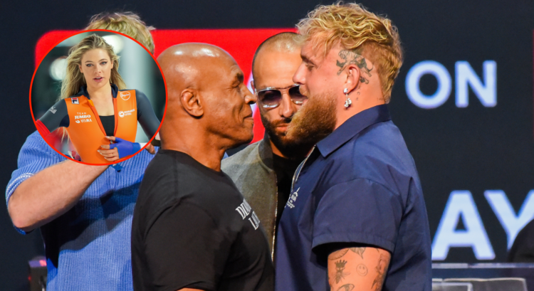Main photo shows Mike Tyson and Jake Paul facing off. Bubble photo shows Jutta Leerdam after a race