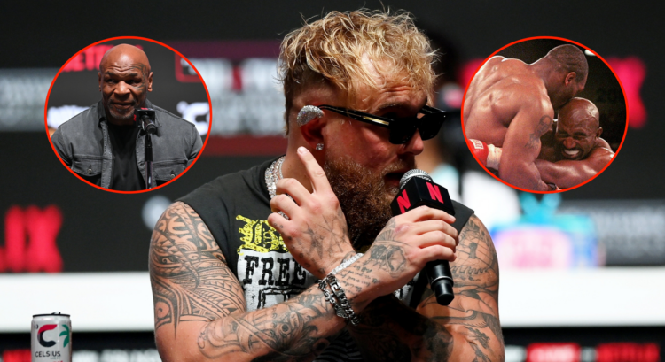 Main photo shows Jake Paul with his diamond ear protectors, left bubble shows Mike Tyson, right bubble shows Evander Holyfield having his ear