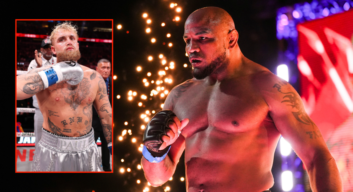 Jake Paul (left) following his boxing win over Mike Tyson, and Yoel Romero (right) moments before his PFL Championships fight