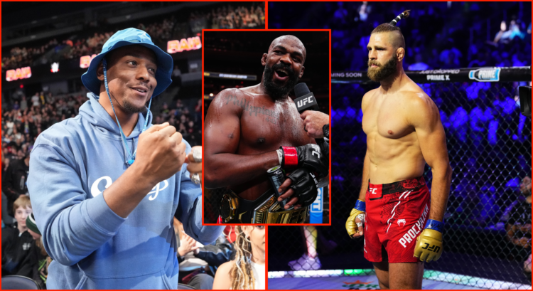 Jamahal Hill (left) at WWE Monday Night Raw, Jon Jones (middle) following UFC 309 win, and Jiri Prochazka (right) prior to his UFC 303 title fight