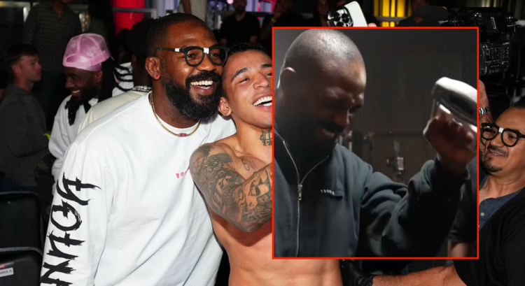 Jon Jones (left) celebrating with Carlos Prates at UFC Vegas 100 and Jon Jones (right) taking part in a grip strength test