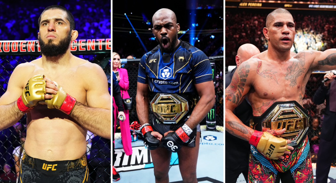 Jon Jones (middle) following his UFC 285 win over Ciryl Gane, Islam Makhachev (left) prior to his UFC 302 fight and Alex Pereira (right) following ...