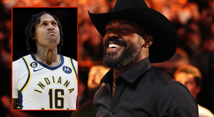 Jon Jones (right) in attendance at UFC 306 and James Johnson (left) during an NBA game