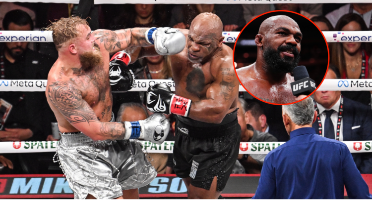 Main photo shows Jake Paul and Mike Tyson fighting, bubble shows Jon Jones speaking after a UFC fight