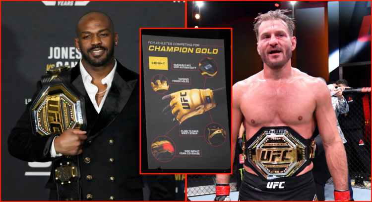 Left photo shows Jon Jones with his UFC title, Right photo shows Stipe Miocic with his UFC title and centre photo shows new UFC gloves
