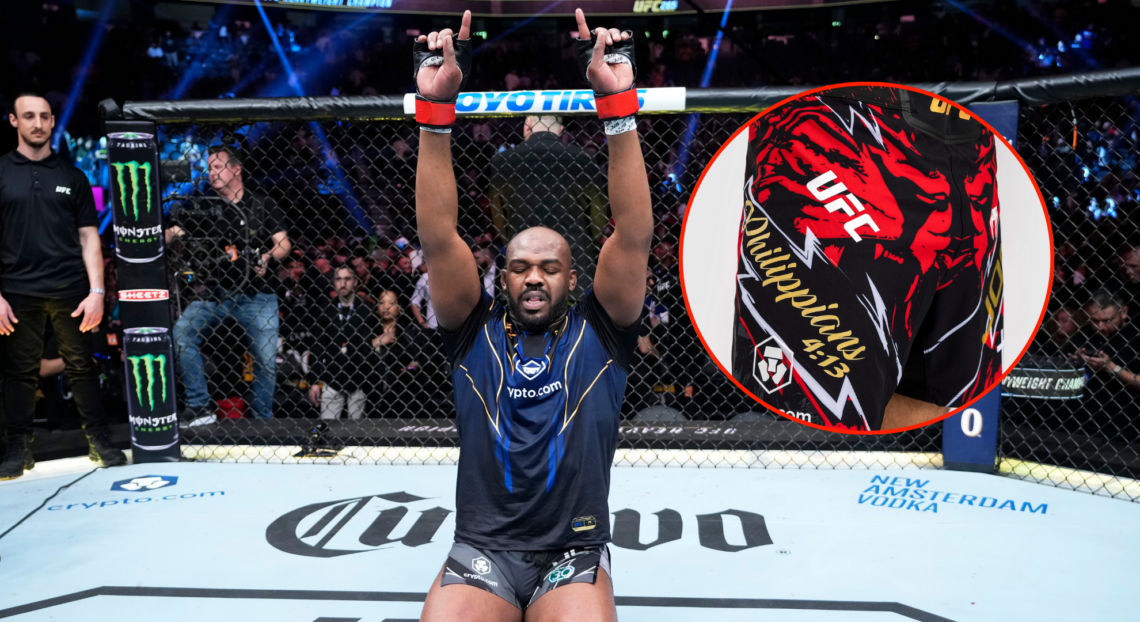 Main photo shows Jon Jones after UFC 285. Bubble photo shows a pair of custom UFC shorts