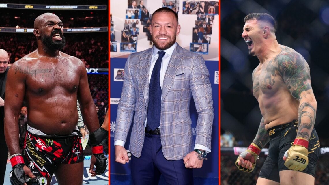 Jon Jones (left) following his UFC 309 win over Stipe Miocic, Conor McGregor (middle) at a Charity event, and Tom Aspinall (right) following his wi...