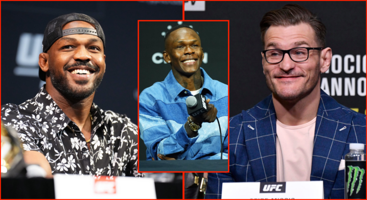 Split image of Jon Jones at UFC 285, Israel Adesanya at UFC 305 and Stipe Miocic at UFC 260