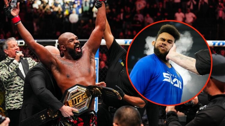 Jon Jones of the United States of America reacts after his TKO victory. Inset, Damien Dibbell is slapped.
