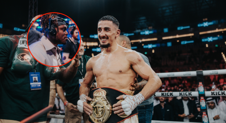 Main photo shows AnEsonGin with the Misfits Boxing belt. Bubble photo shows KSI's reaction