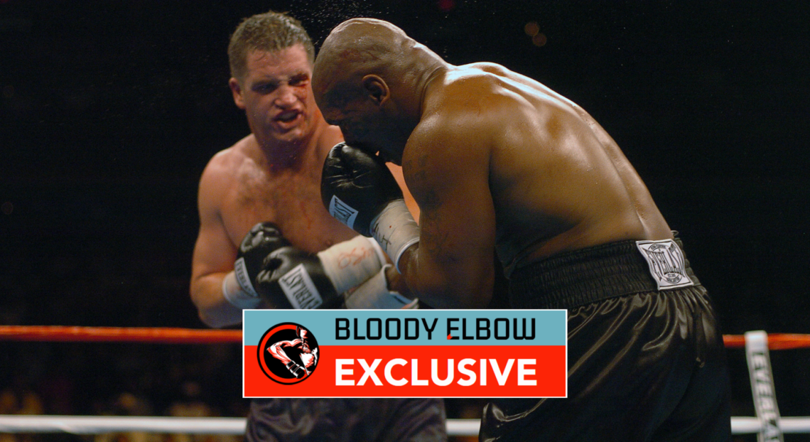 Kevin McBride punches Mike Tyson. Overlay text reads: "BLOODY ELBOW EXCLUSIVE"
