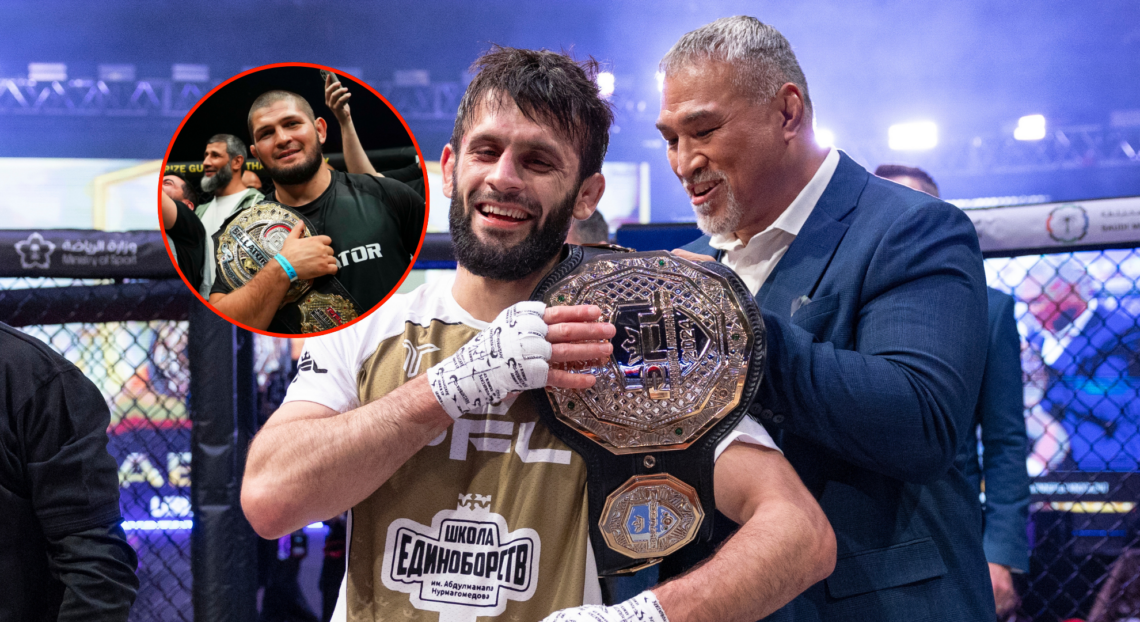 Gadzhi Rabadanov receives hiss PFL belt from Ray Sefo, Bubble shows Khabib Nurmagomedov with the Bellator belt