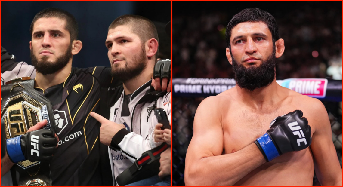Side by side of Khabib Nurmagomedov and Islam Makhachev at UFC 280 and Khamzat Chimaev at UFC 308