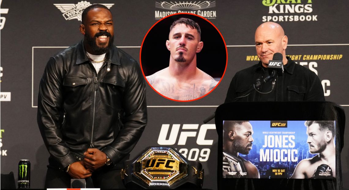 Main photo shows Jon Jones flexing while Dana White watches on. Bubble shows Tom Aspinall during one of his UFC fights