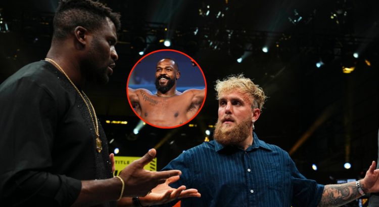 Main photo shows Francis Ngannou speaking to Jake Paul. Bubble photo shows Jon Jones