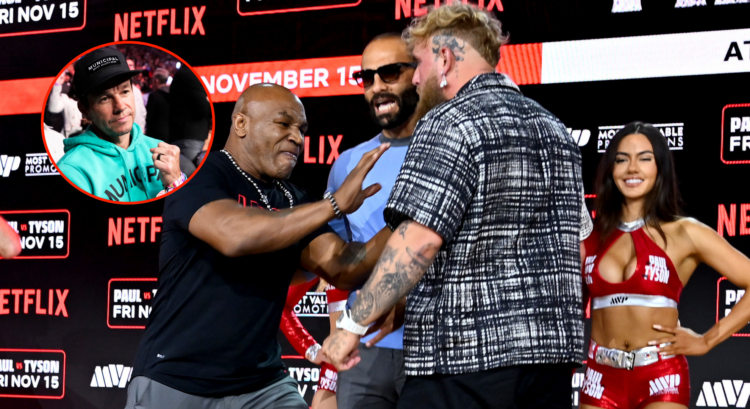 Main photo shows Mike Tyson pushing Jake Paul at a press conference. Bubble shows Mark Wahlberg