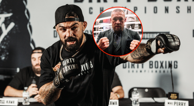 Main photo shows Mike Perry throwing a punch. Bubble photo shows Conor McGregor with fists raised