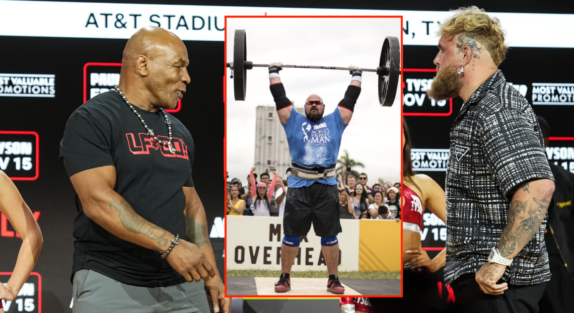 Main photo shows Mike Tyson and Jake Paul facing off, block photo shows Brian Shaw