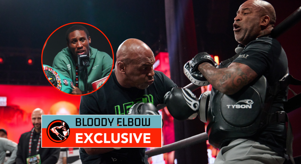 Main photo shows Mike Tyson during his open workout. Bubble shows Bruce Carrington at a press conference