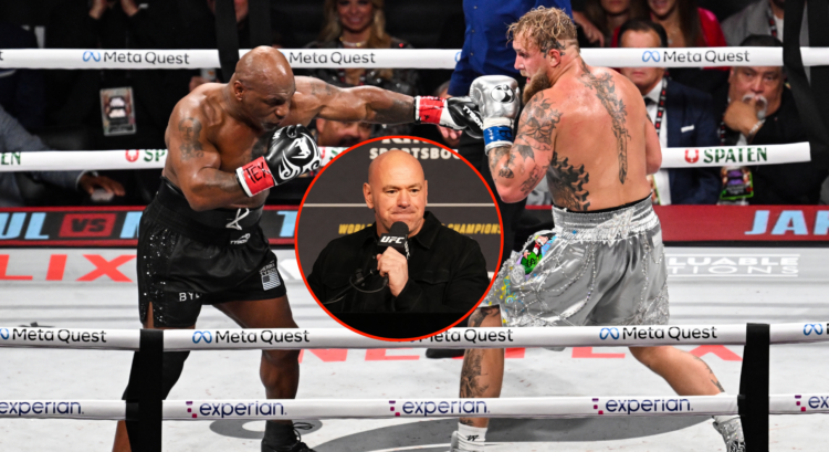 Main photo shows Mike Tyson punching Jake Paul. Bubble photo shows Dana White at a press conference