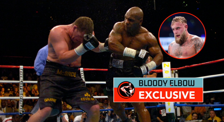 Main photo shows Mike Tyson punching Kevin McBride. Bubble shows Jake Paul. Overlay text reads: "BLOODY ELBOW EXCLUSIVE"