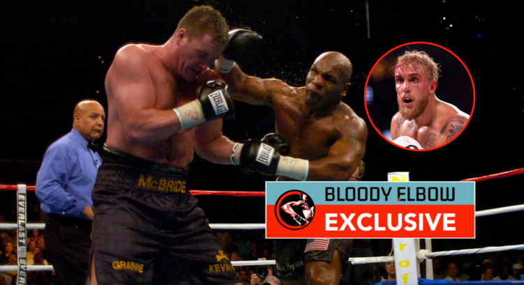 Main photo shows Mike Tyson punching Kevin McBride. Bubble shows Jake Paul during a fight. Overlay text reads: "BLOODY ELBOW EXCLUSIVE"