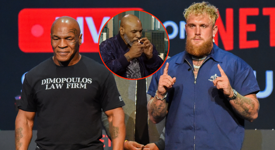 Main photo shows Mike Tyson and Jake Paul at a press conference, bubble shows Mike Tyson smoking