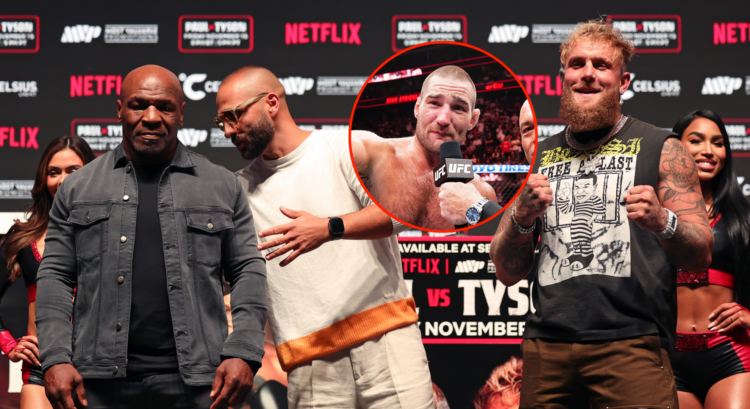 Main photo shows Mike Tyson, Nakisa Bidarian and Jake Paul at a press conference. Bubble photo shows Sean Strickland speaking into a UFC microphone