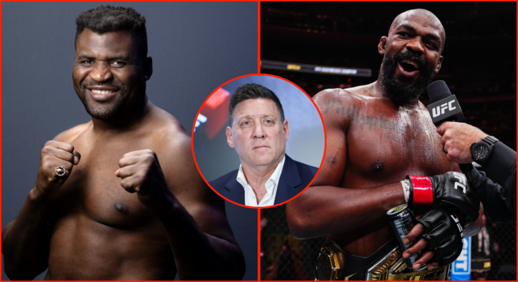 Side by side of Francis Ngannou at a photoshoot, Peter Murray at SPORTEL Monaco 2023 and Jon Jones at UFC 309