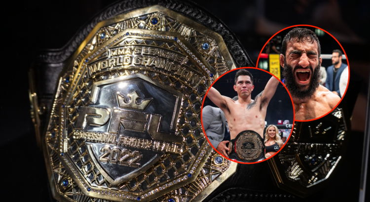 Main photo shows a PFL title belt. Bottom bubble shows Jesus Pinedo, top bubble shows Abdelrahman Alyhasat