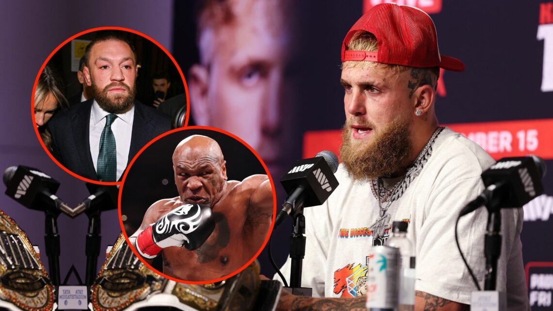 Jake Paul speaks during the post match press conference. Inset, Conor McGregor and Mike Tyson.