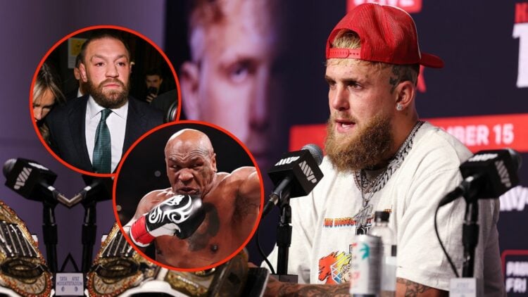 Jake Paul speaks during the post match press conference. Inset, Conor McGregor and Mike Tyson.