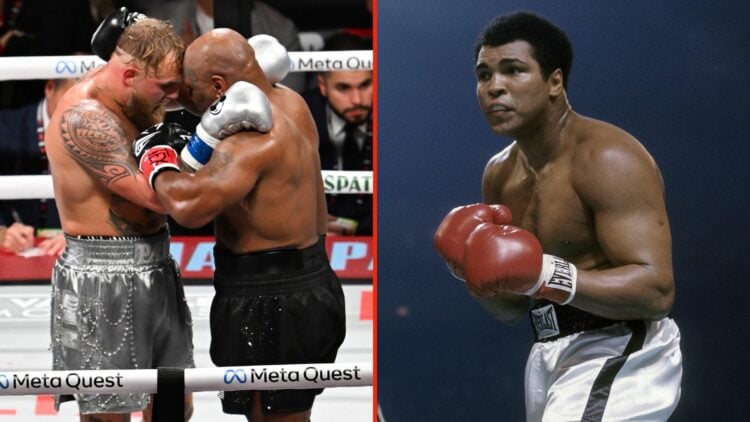 Jake Paul and Mike Tyson (left) during their boxing clash and Muhammad Ali (right)