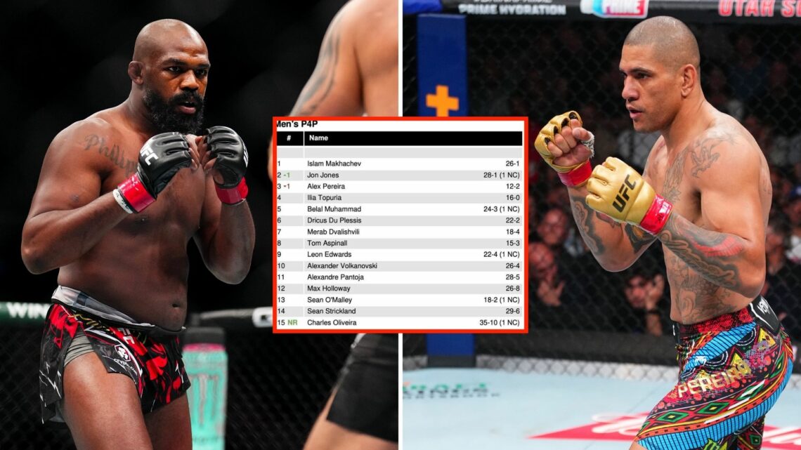 Jon Jones (left) during his UFC 309 title defense against Stipe Miocic, UFC rankings (middle), and Alex Pereira (right) during his UFC 307 title de...