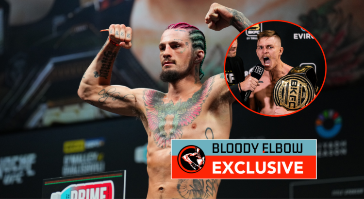 Main photo shows Sean O'Malley at the UFC 306 weigh-ins, bubble shows Kai Stewart at BKFC weigh-ins and overlay text reads "BLOODY ELBOW EXCLUSIVE"