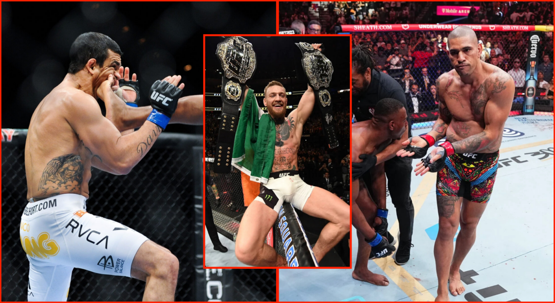 Split image of Vitor Belfort being kicked by Anderson Silva at UFC 126, Conor McGregor holding both UFC belts after UFC 205 and Alex Pereira knocki...