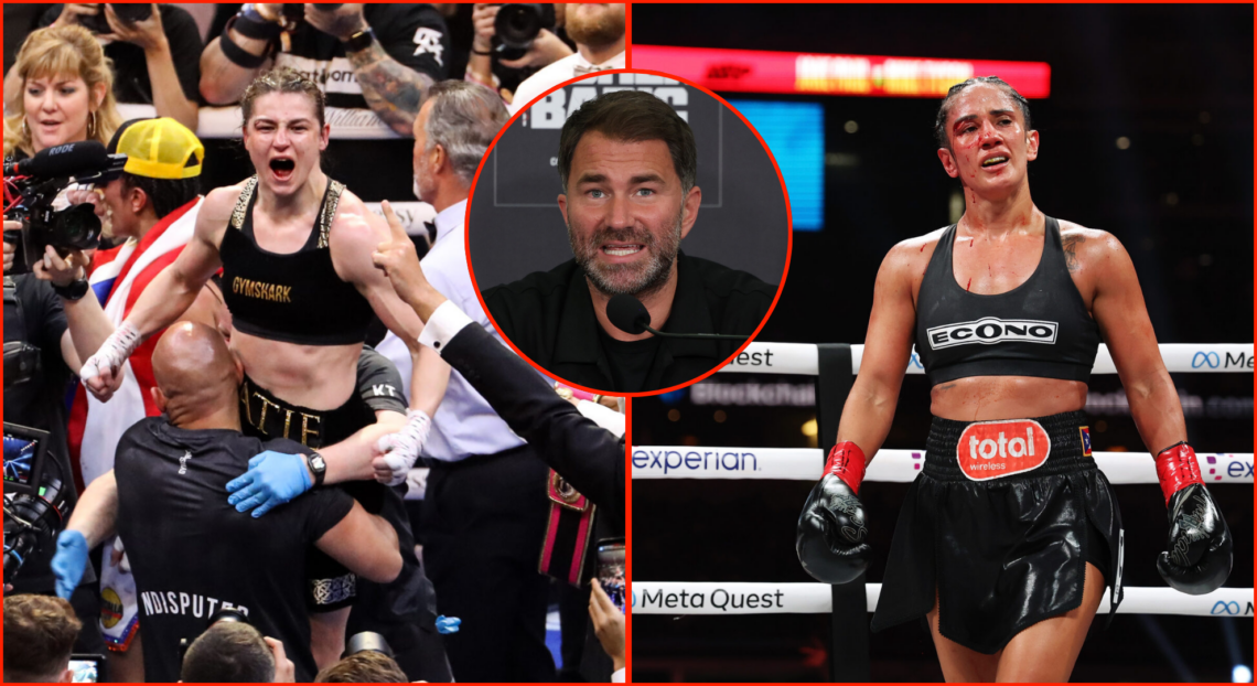 Pop out of Katie Taylor after her first fight with Serrano, Serrano after her second fight with Taylor, and Eddie Hearn at Fisher vs Babic.