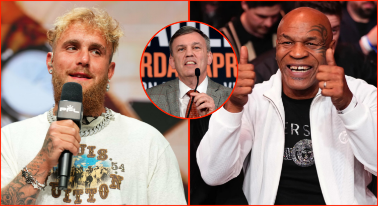 Split image of Teddy Atlas at Manny Pacquiao v Timothy Bradley Media Tour, Mike Tyson at UFC 300 and Jake Paul at PFL: Battle of the Giants press c...