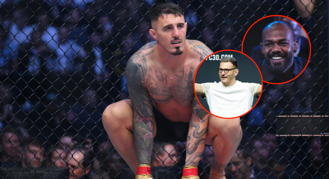 Main photo shows Tom Aspinall crouching at the start of a UFC fight. Bubble shows Stipe Miocic (bottom) and Jon Jones (top)