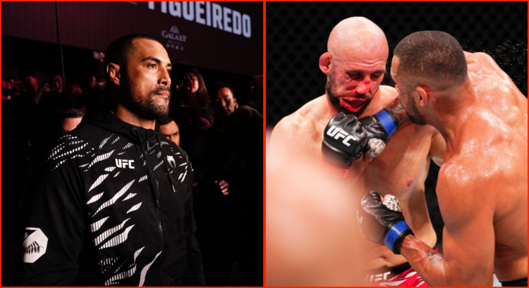 Side by side of Carlos Ulberg before and during his UFC Macau fight with Volkan Oezdemir