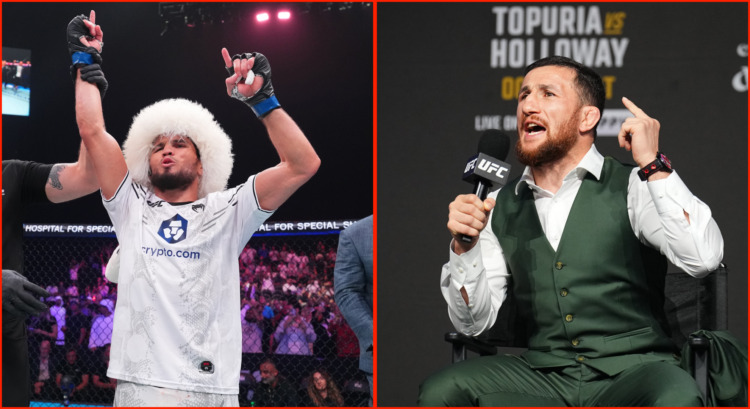 Left: Umar Nurmagomedov after winning a fight. Right: Merab Dvalishivimf
