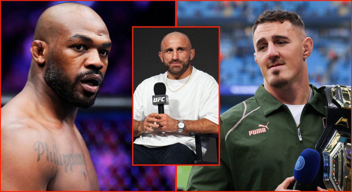 Split image of Jon Jones at UFC 285, Tom Aspinall at Manchester City vs Arsenal and Alexander Volkanovski at UFC 308.
