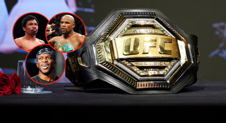 Split image of KSI, Floyd Mayweather, Manny Pacquiao and a UFC title belt.