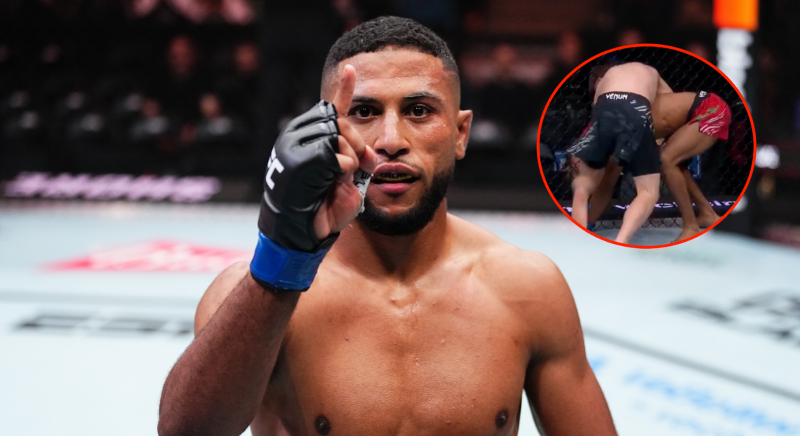 Main photo shows Youssef Zalal celebrating his UFC Edmonton win. Bubble photo shows Jack Shore kneeing Zalal