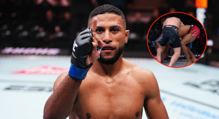 Main photo shows Youssef Zalal celebrating his UFC Edmonton win. Bubble photo shows Jack Shore kneeing Zalal