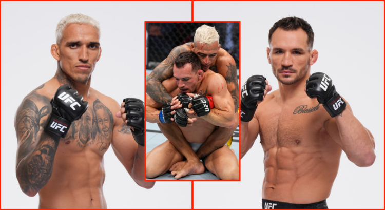 Pop out image of Charles Oliveira and Michael Chandler at UFC 309 photoshoot and the two fighting at UFC 262