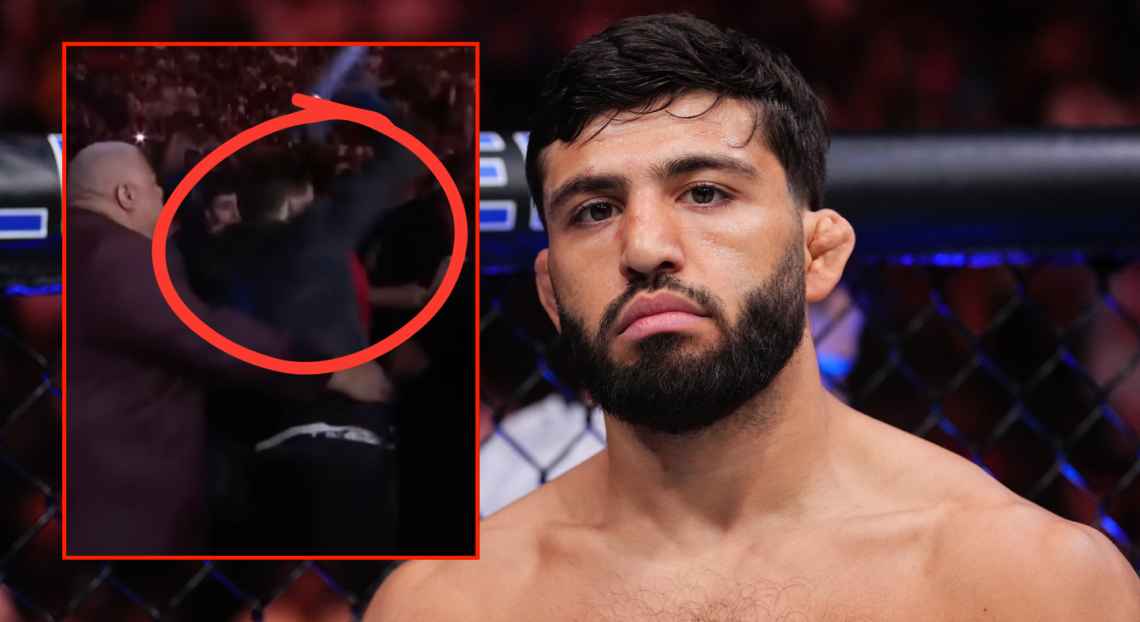 Main photo shows Arman Tsarukyan at UFC 300, Block photo shows him punching a fan