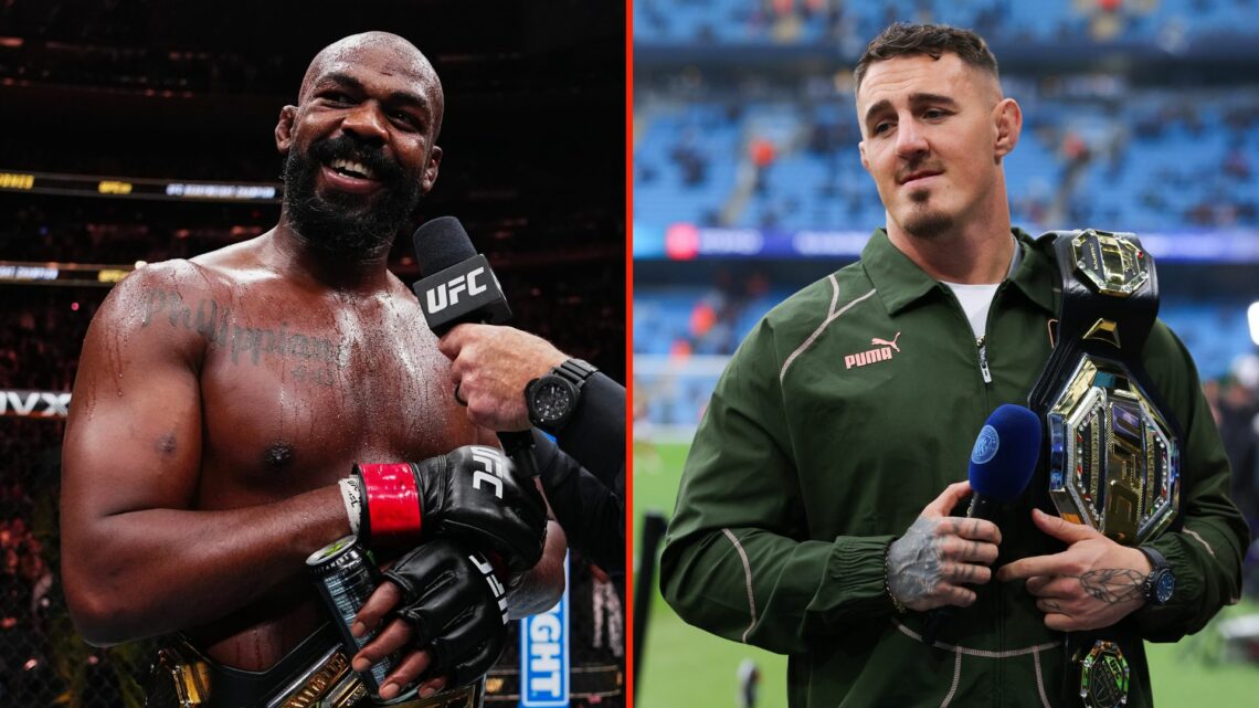 Left: Jon Jones is interviewed after beating Stipe Miocic at UFC 309